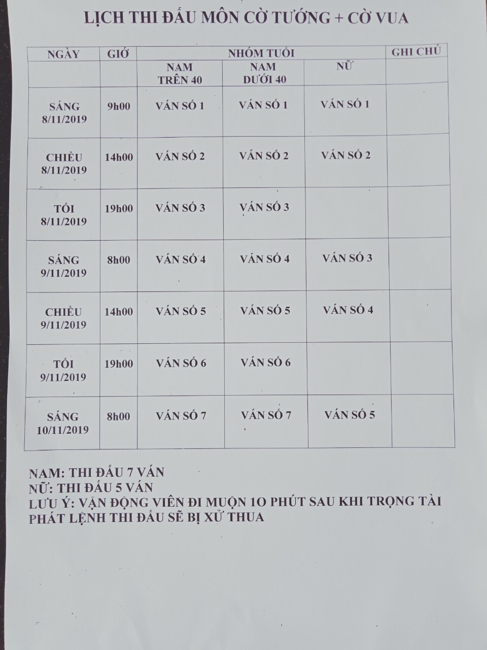 Lịch thi đấu môn cờ tướng, cờ vua – Hội thao truyền thống Ngành giáo dục năm 2019