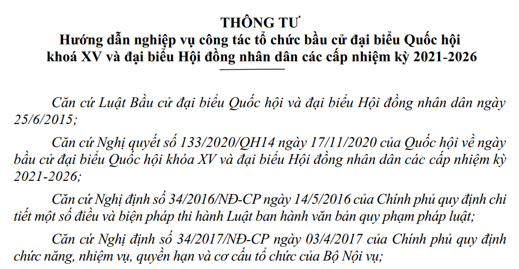 Thông tư hướng dẫn nghiệp vụ công tác tổ chức Bầu cử Đại biểu Quốc hội Khoá XV và Đại biểu HĐND các cấp nhiệm kỳ 2021 – 2026