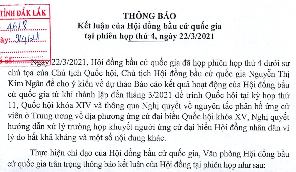 Thông báo kết luận của Hội đồng bầu cử quốc gia tại phiên họp thứ 4