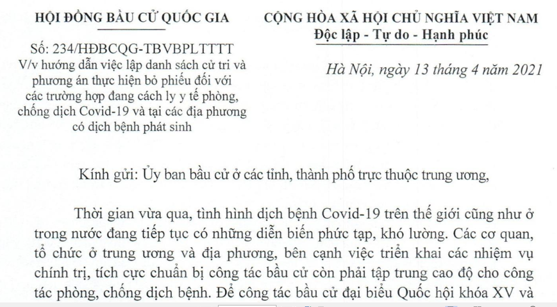 Hướng dẫn lập danh sách cử tri và phương án bỏ phiếu đối với các trường hợp đang cách ly và tại các địa phương có dịch bệnh phát sinh