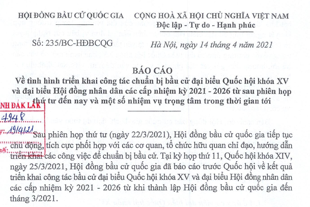 Báo cáo tình hình công tác chuẩn bị bầu cử đại biểu Quốc hộc khoá XV và ĐB HĐND các cấp