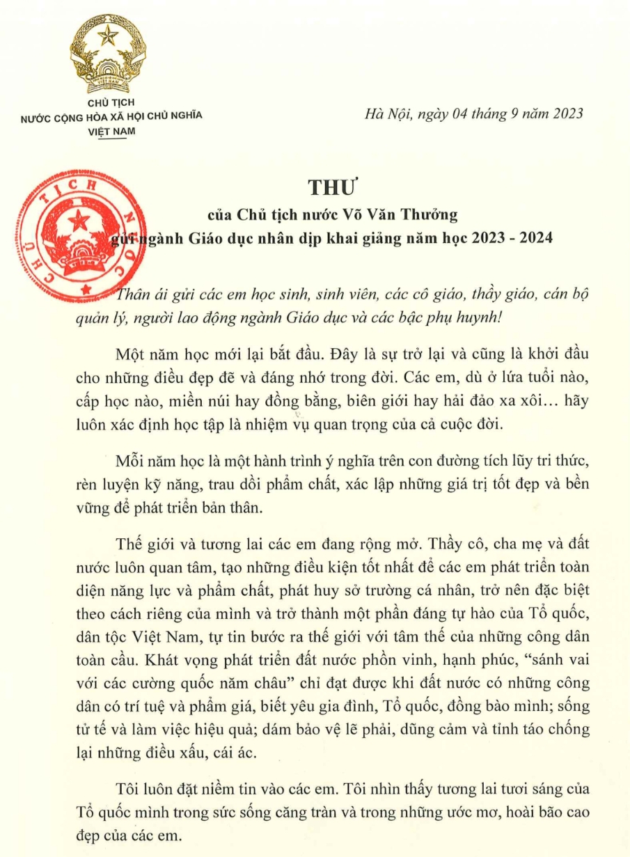 Thư của Chủ tịch nước gửi ngành Giáo dục nhân dịp Khai giảng năm học 2023-2024