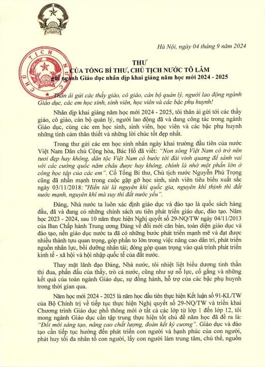 Thư của Tổng Bí thư, Chủ tịch Nước Tô Lâm gửi ngành Giáo dục nhân dịp khai giảng năm học mới 2024 – 2025