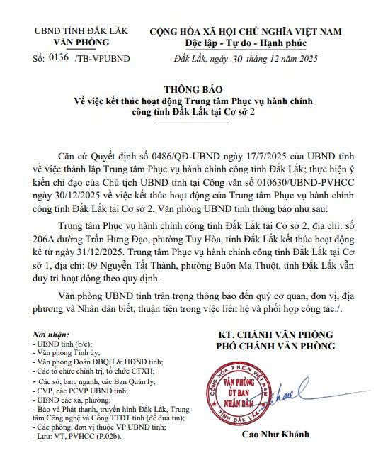 Thông báo kết thúc hoạt động Trung tâm Phục vụ hành chính công tỉnh Đắk Lắk tại Cơ sở 2 Thông báo kết thúc hoạt động Trung tâm Phục vụ hành chính công tỉnh Đắk Lắk tại Cơ sở 2
