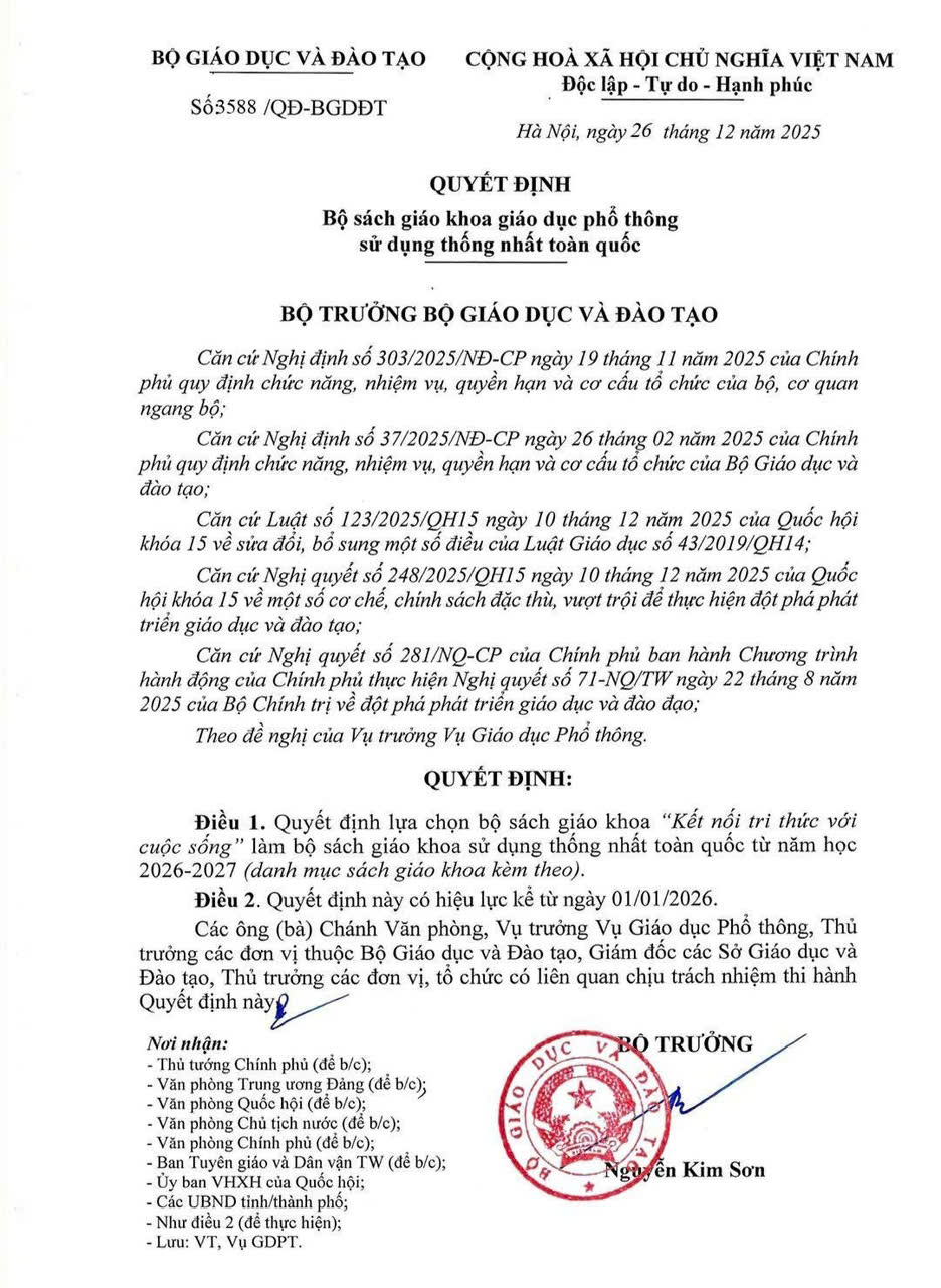 Bộ GDĐT quyết định bộ sách giáo khoa giáo dục phổ thông sử dụng thống nhất toàn quốc